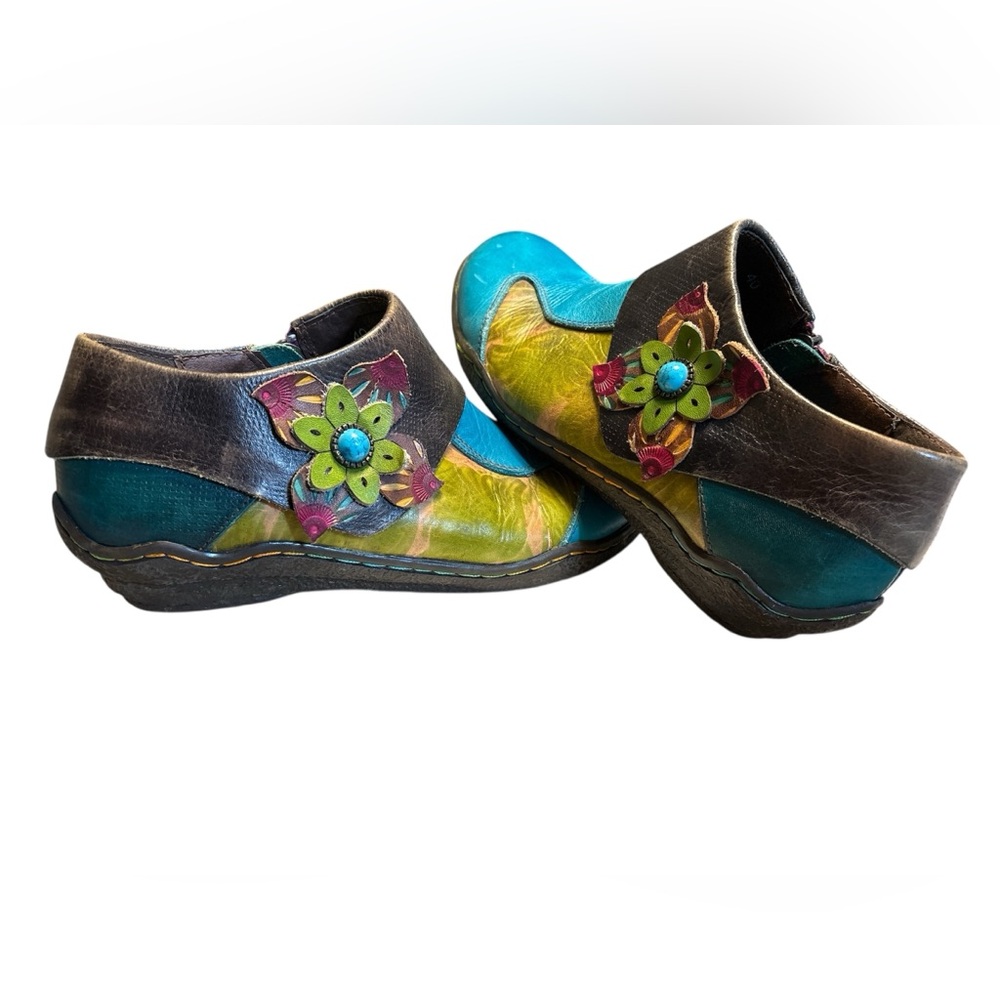 Socofy 40 Eu/9 US, Blue/Green Floral Side Zip Leather Boots EUC‎ Boho   Women’s